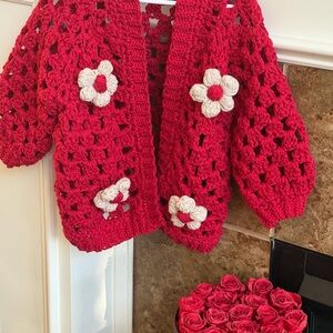 Handmade Red Crochet Kids Jacket with Floral Accents